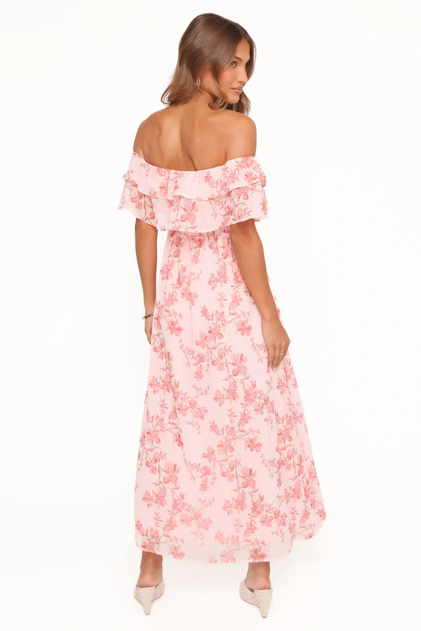Elegant Off The Shoulder Double Ruffle Trim Floral Print Chiffon Maxi Prom Dress With Smocked Waist For Formal Evening Wedding Guest Bridesmaid Cocktail Party