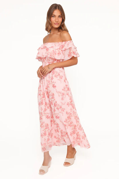 Elegant Off The Shoulder Double Ruffle Trim Floral Print Chiffon Maxi Prom Dress With Smocked Waist For Formal Evening Wedding Guest Bridesmaid Cocktail Party