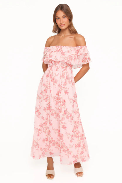 Elegant Off The Shoulder Double Ruffle Trim Floral Print Chiffon Maxi Prom Dress With Smocked Waist For Formal Evening Wedding Guest Bridesmaid Cocktail Party