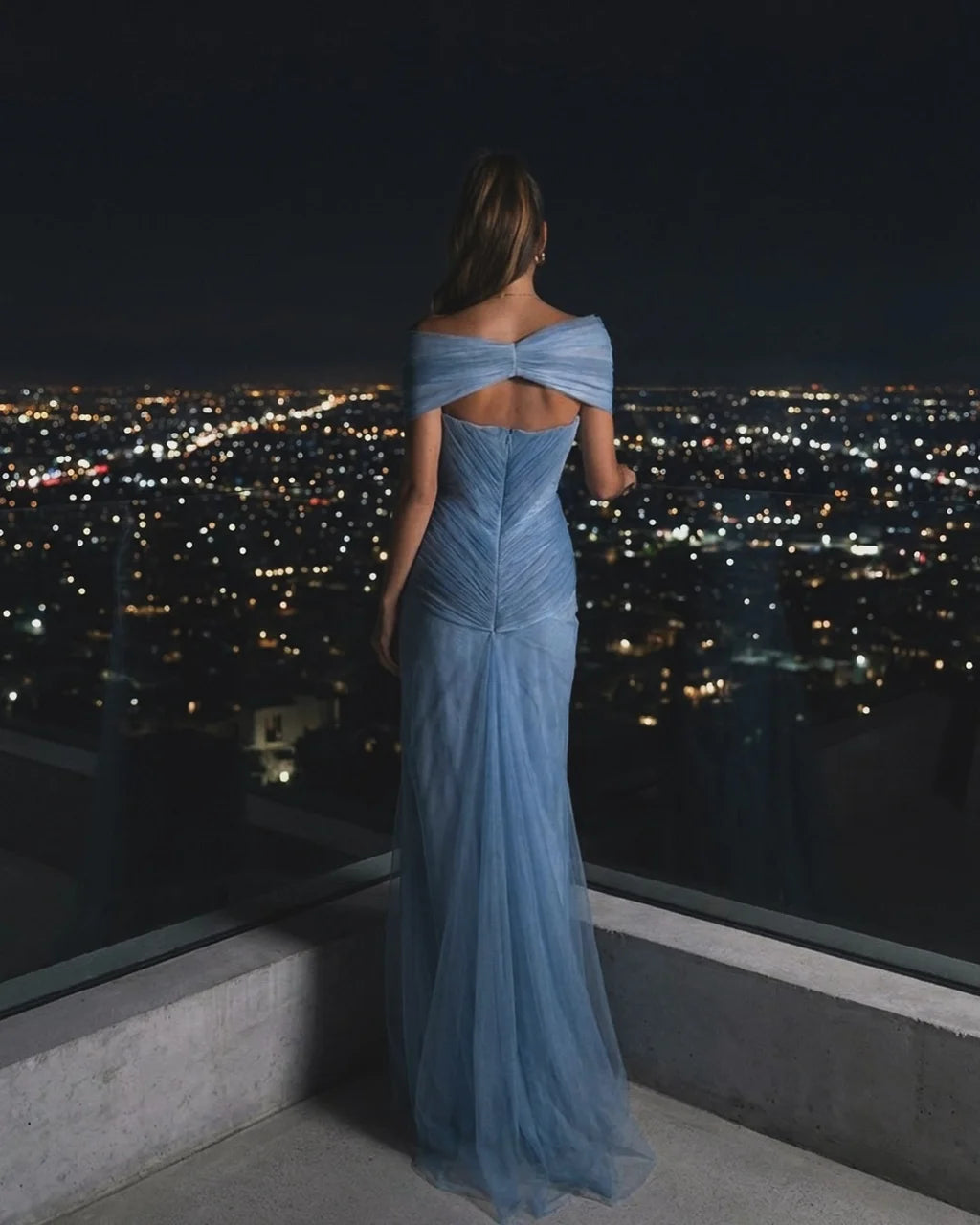 Elegant Off The Shoulder Draped Ruched Tulle Mermaid Maxi Prom Dress with Train