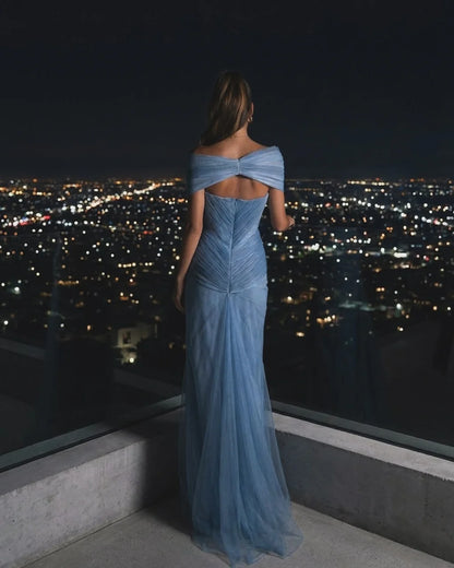 Elegant Off The Shoulder Draped Ruched Tulle Mermaid Maxi Prom Dress with Train