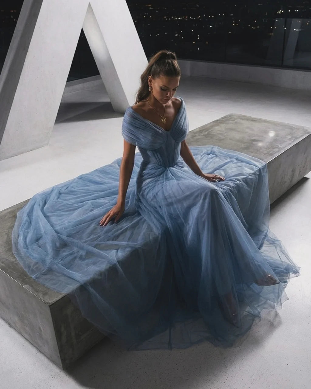 Elegant Off The Shoulder Draped Ruched Tulle Mermaid Maxi Prom Dress with Train