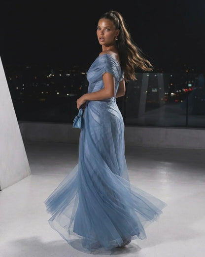 Elegant Off The Shoulder Draped Ruched Tulle Mermaid Maxi Prom Dress with Train