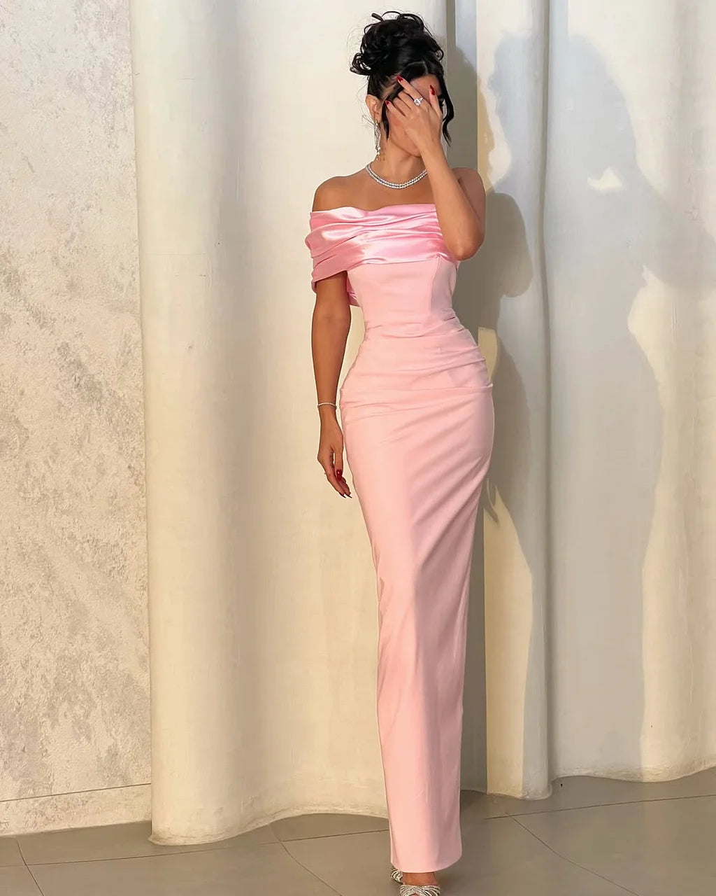 Elegant Off The Shoulder Draped Satin Ruched Bodycon Maxi Prom Dress