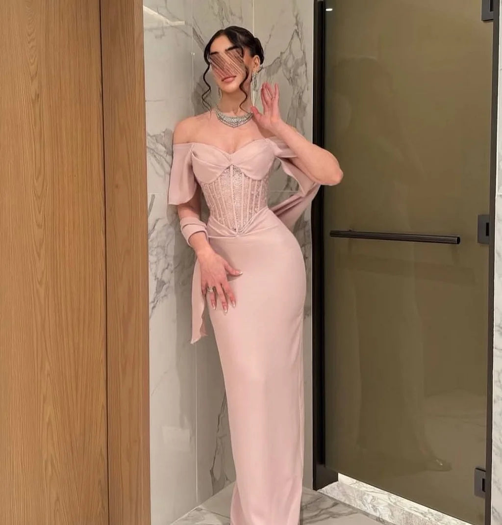 Elegant Off The Shoulder Draped Sleeve Lace Corset Bodice Bodycon Maxi Prom Dress For Formal Evening Wedding Guest