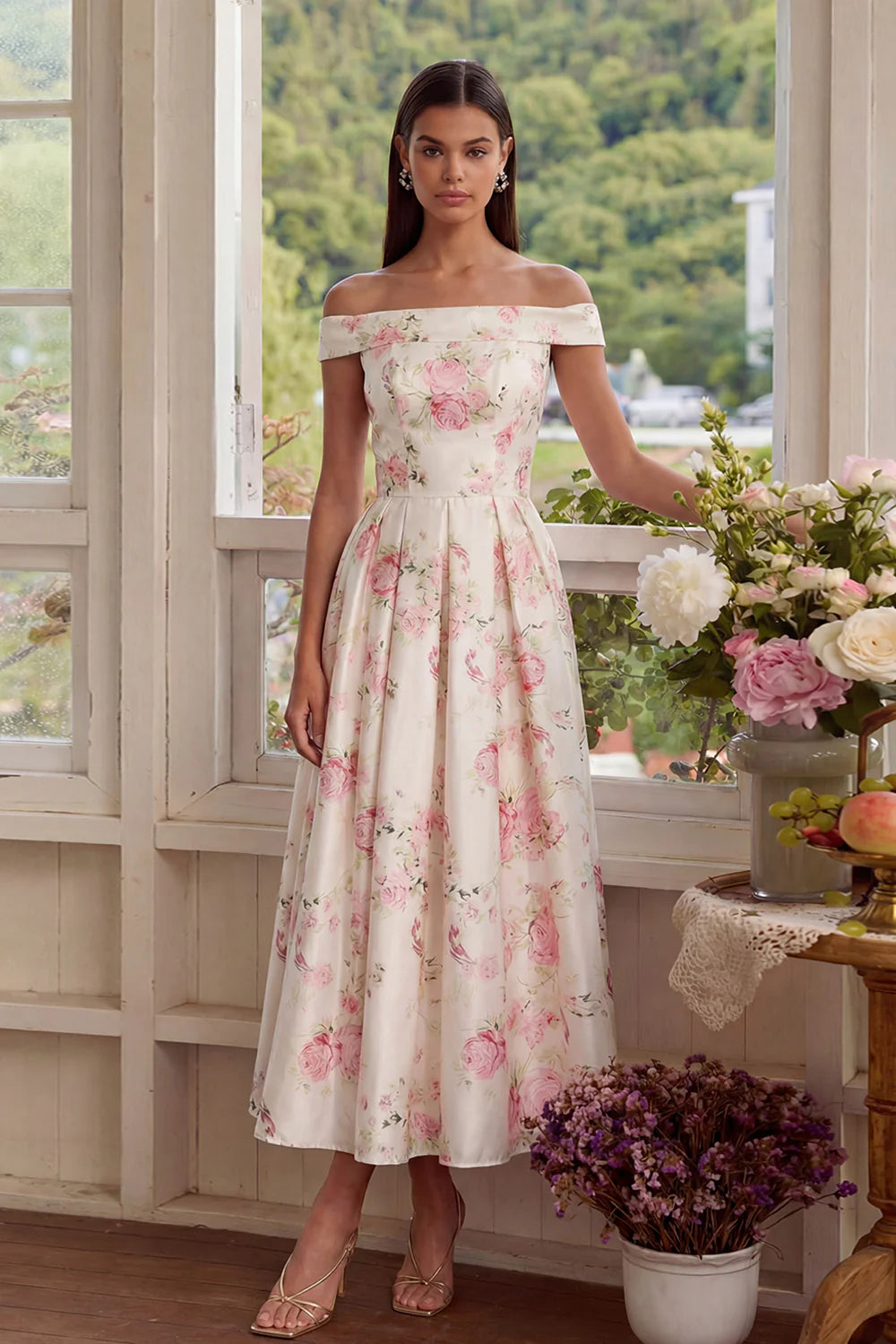 Elegant Off The Shoulder Floral Print Pleated Satin Midi Prom Dress