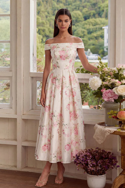 Elegant Off The Shoulder Floral Print Pleated Satin Midi Prom Dress