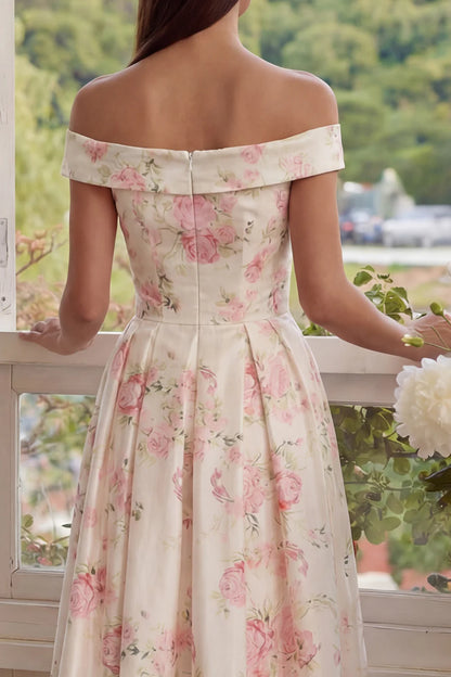 Elegant Off The Shoulder Floral Print Pleated Satin Midi Prom Dress