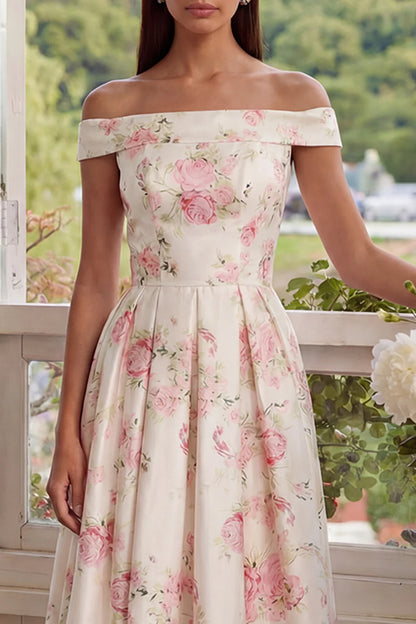 Elegant Off The Shoulder Floral Print Pleated Satin Midi Prom Dress