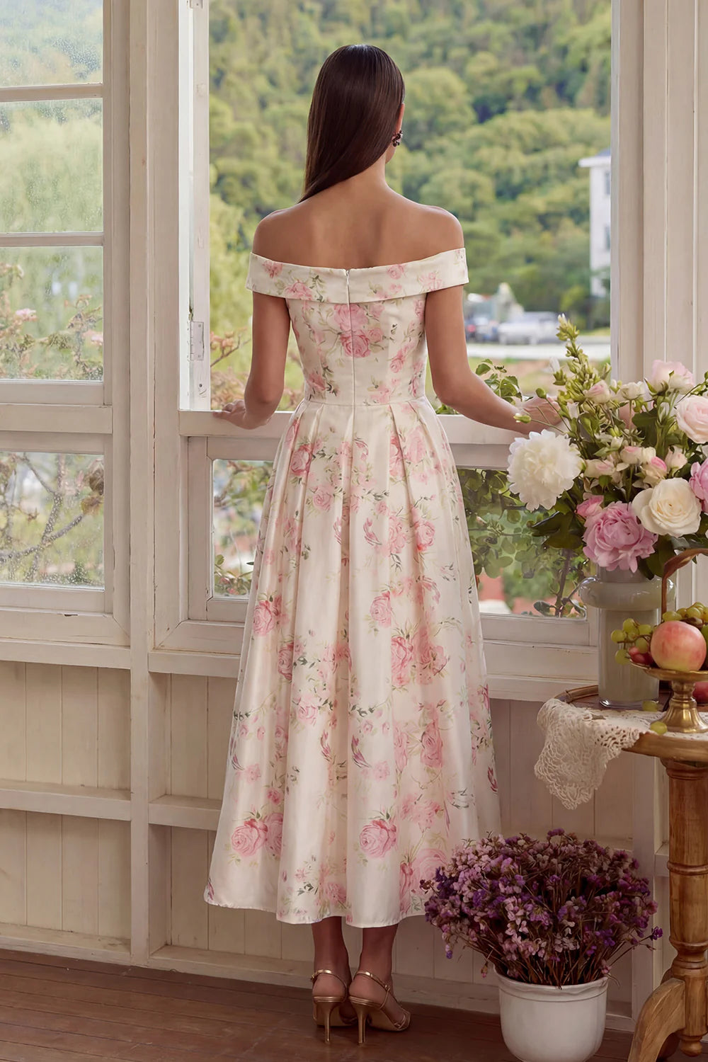 Elegant Off The Shoulder Floral Print Pleated Satin Midi Prom Dress