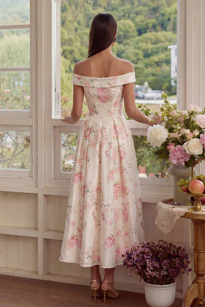Elegant Off The Shoulder Floral Print Pleated Satin Midi Prom Dress