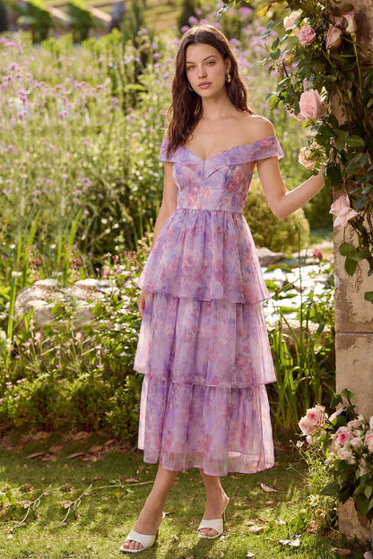 Elegant Off The Shoulder Floral Print Tiered Ruffled Chiffon Midi Prom Dress