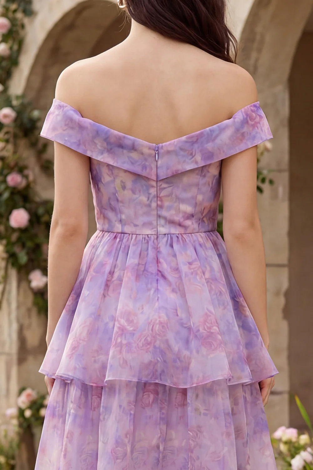 Elegant Off The Shoulder Floral Print Tiered Ruffled Chiffon Midi Prom Dress