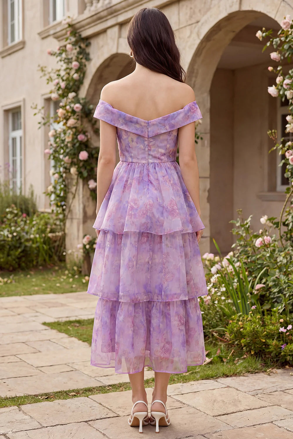 Elegant Off The Shoulder Floral Print Tiered Ruffled Chiffon Midi Prom Dress