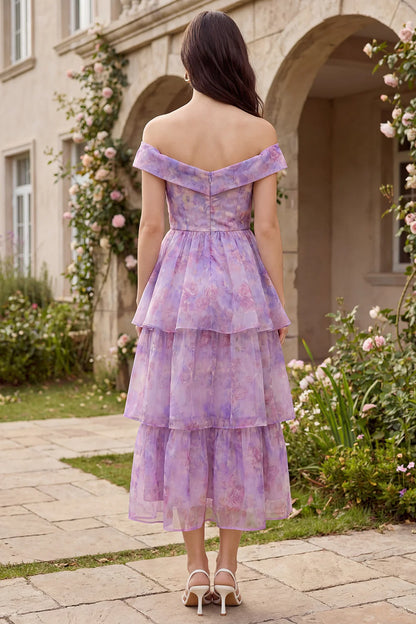 Elegant Off The Shoulder Floral Print Tiered Ruffled Chiffon Midi Prom Dress