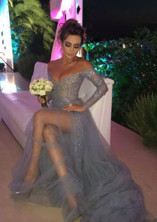 Elegant Off The Shoulder Long Sleeve Beaded Lace Embellished High Slit Tulle A Line Maxi Prom Dress With Train For Formal Evening Gala Wedding Guest Bridesmaid