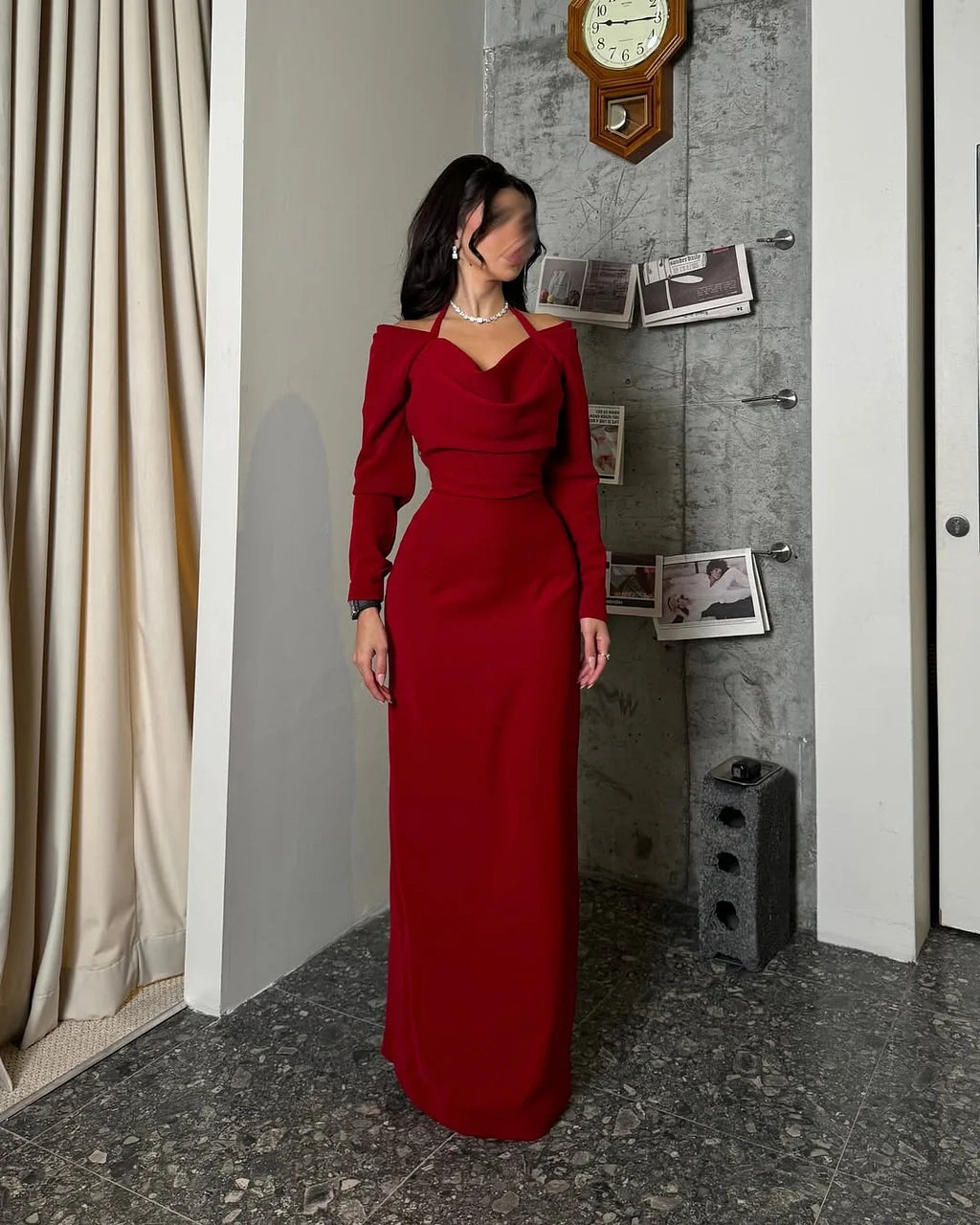 Elegant Off The Shoulder Long Sleeve Draped Bust Halter Tie Detail Satin Bodycon Maxi Prom Dress For Formal Evening Wedding Guest