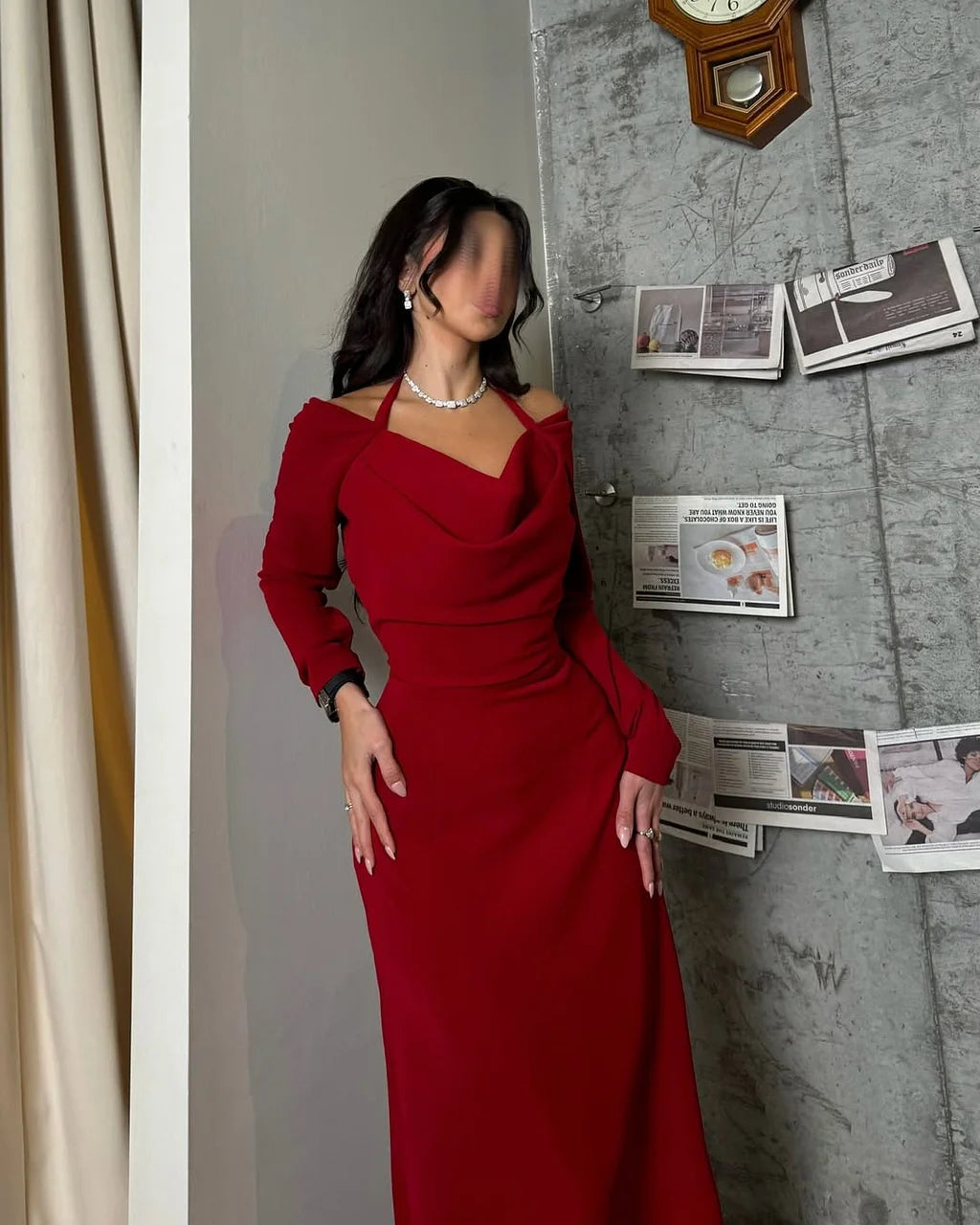 Elegant Off The Shoulder Long Sleeve Draped Bust Halter Tie Detail Satin Bodycon Maxi Prom Dress For Formal Evening Wedding Guest