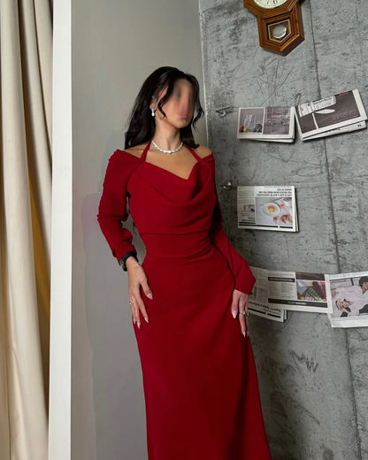 Elegant Off The Shoulder Long Sleeve Draped Bust Halter Tie Detail Satin Bodycon Maxi Prom Dress For Formal Evening Wedding Guest