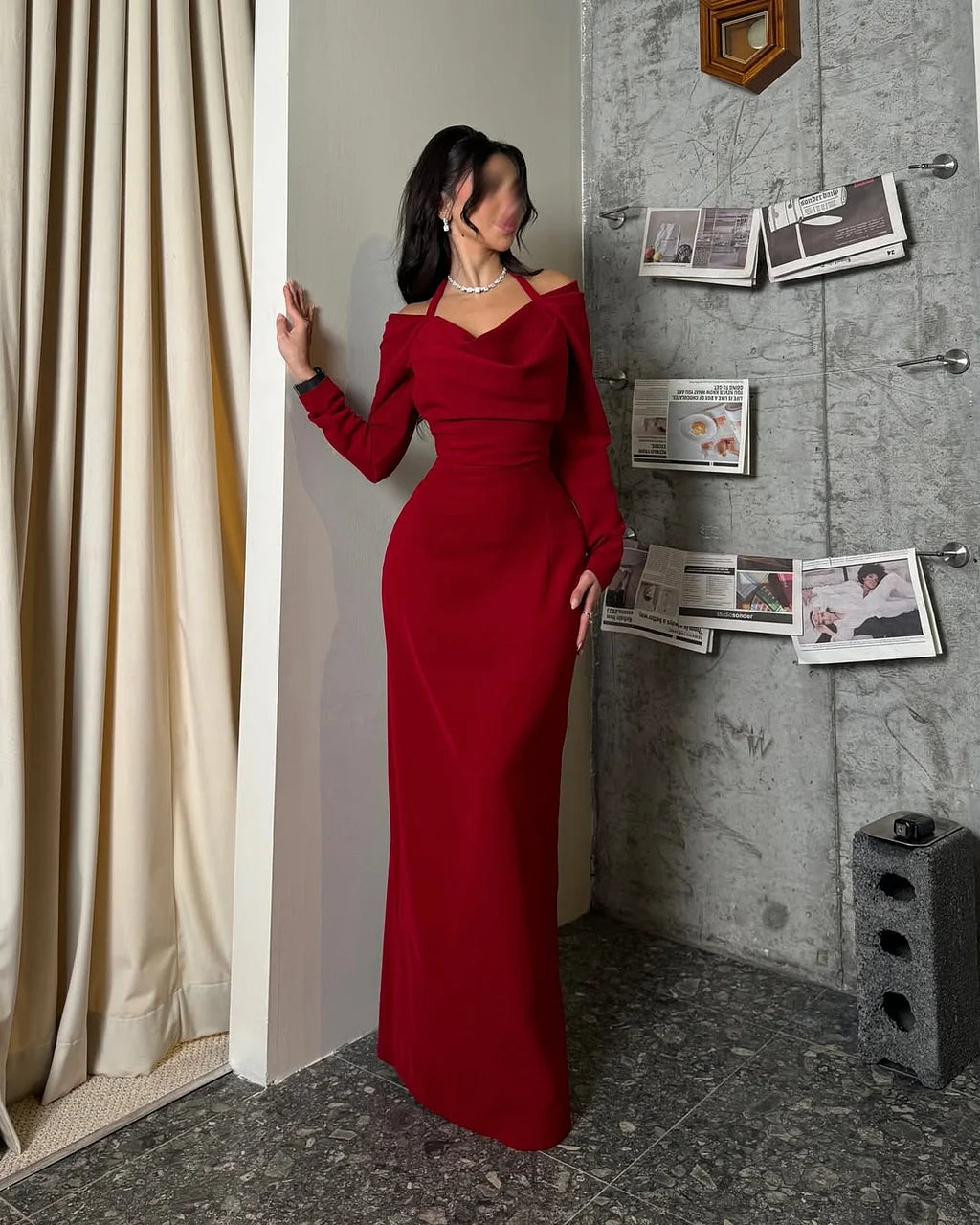 Elegant Off The Shoulder Long Sleeve Draped Bust Halter Tie Detail Satin Bodycon Maxi Prom Dress For Formal Evening Wedding Guest