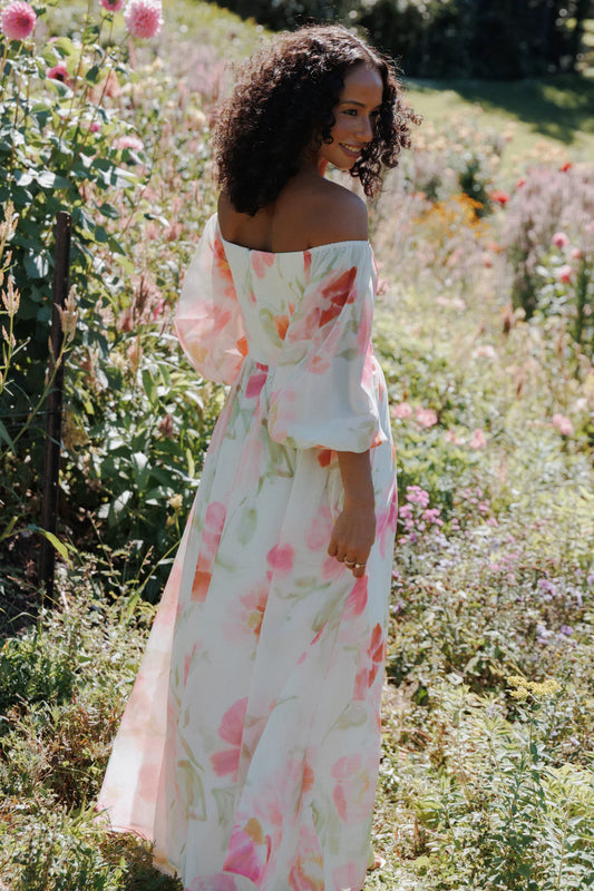 Elegant Off The Shoulder Long Sleeve Floral Print Chiffon Maxi Prom Dress For Formal Evening Wedding Guest Bridesmaid Cocktail Party