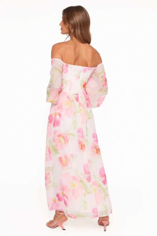 Elegant Off The Shoulder Long Sleeve Floral Print Chiffon Maxi Prom Dress For Formal Evening Wedding Guest Bridesmaid Cocktail Party