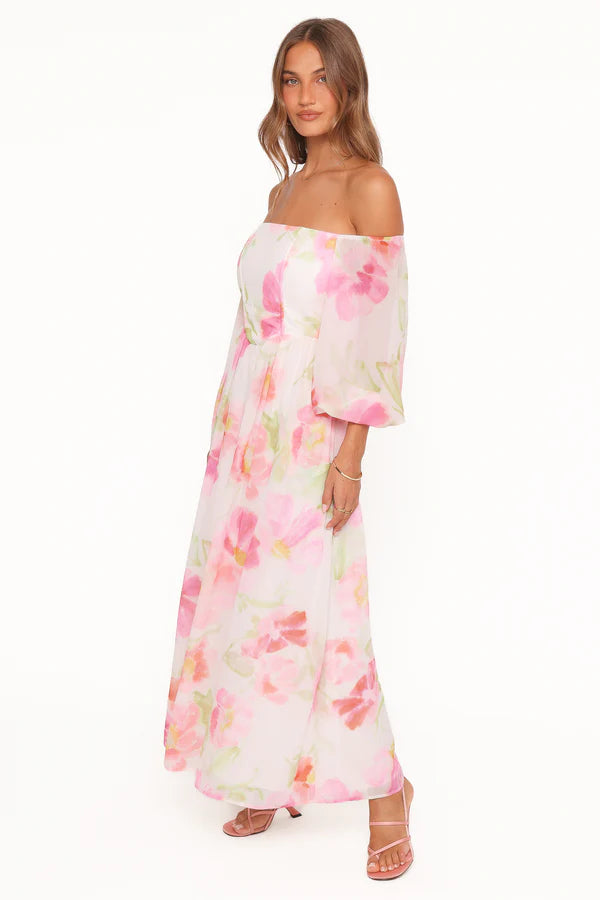 Elegant Off The Shoulder Long Sleeve Floral Print Chiffon Maxi Prom Dress For Formal Evening Wedding Guest Bridesmaid Cocktail Party