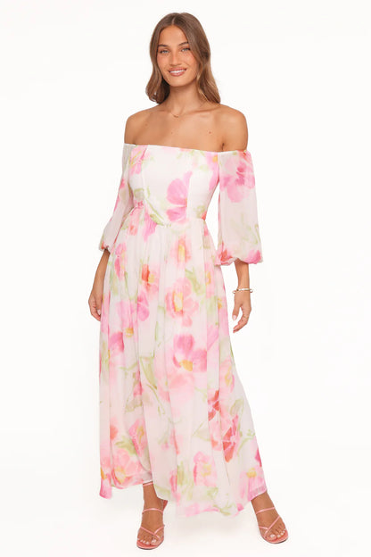 Elegant Off The Shoulder Long Sleeve Floral Print Chiffon Maxi Prom Dress For Formal Evening Wedding Guest Bridesmaid Cocktail Party
