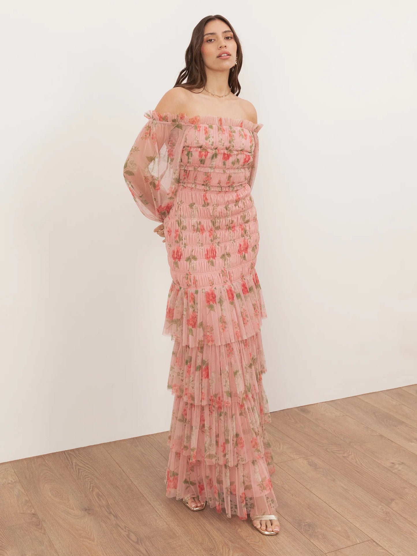 Elegant Off The Shoulder Long Sleeve Floral Print Smocked Tiered Maxi Prom Dress For Formal Evening Gala Wedding Guest Bridesmaid