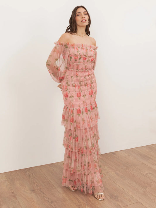 Elegant Off The Shoulder Long Sleeve Floral Print Smocked Tiered Maxi Prom Dress For Formal Evening Gala Wedding Guest Bridesmaid