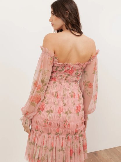Elegant Off The Shoulder Long Sleeve Floral Print Smocked Tiered Maxi Prom Dress For Formal Evening Gala Wedding Guest Bridesmaid