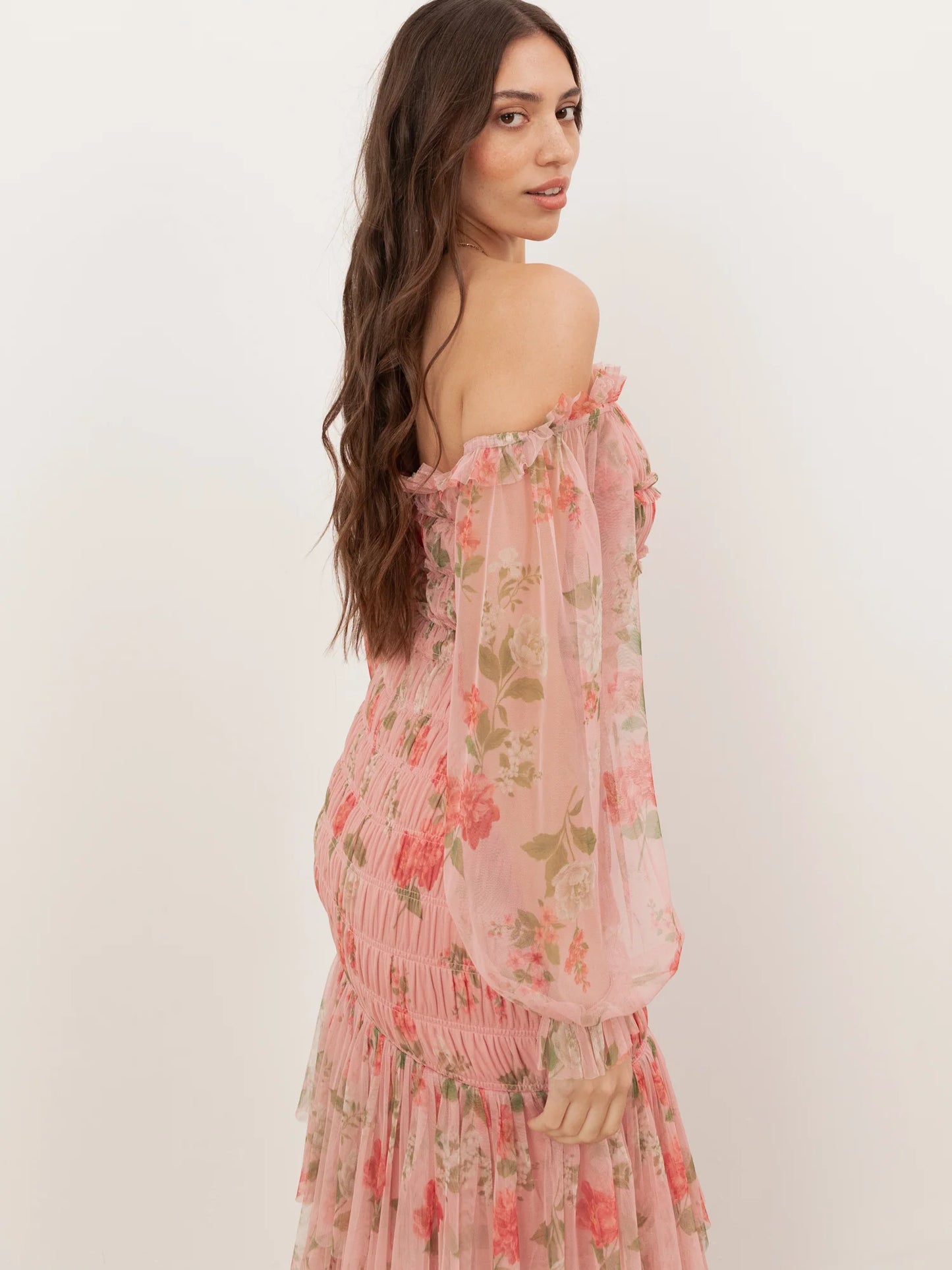 Elegant Off The Shoulder Long Sleeve Floral Print Smocked Tiered Maxi Prom Dress For Formal Evening Gala Wedding Guest Bridesmaid