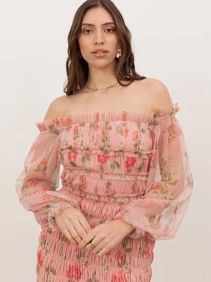 Elegant Off The Shoulder Long Sleeve Floral Print Smocked Tiered Maxi Prom Dress For Formal Evening Gala Wedding Guest Bridesmaid