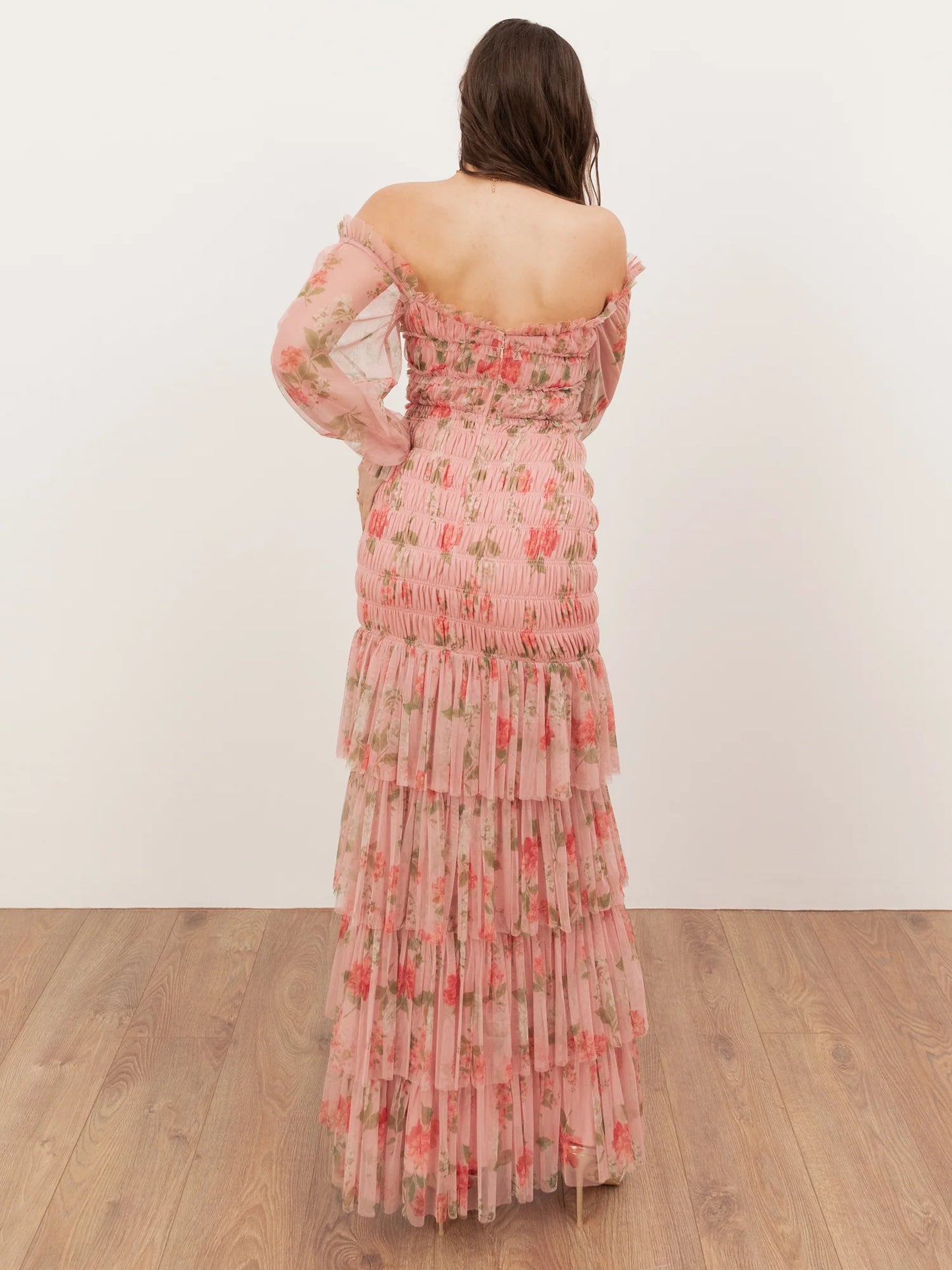 Elegant Off The Shoulder Long Sleeve Floral Print Smocked Tiered Maxi Prom Dress For Formal Evening Gala Wedding Guest Bridesmaid