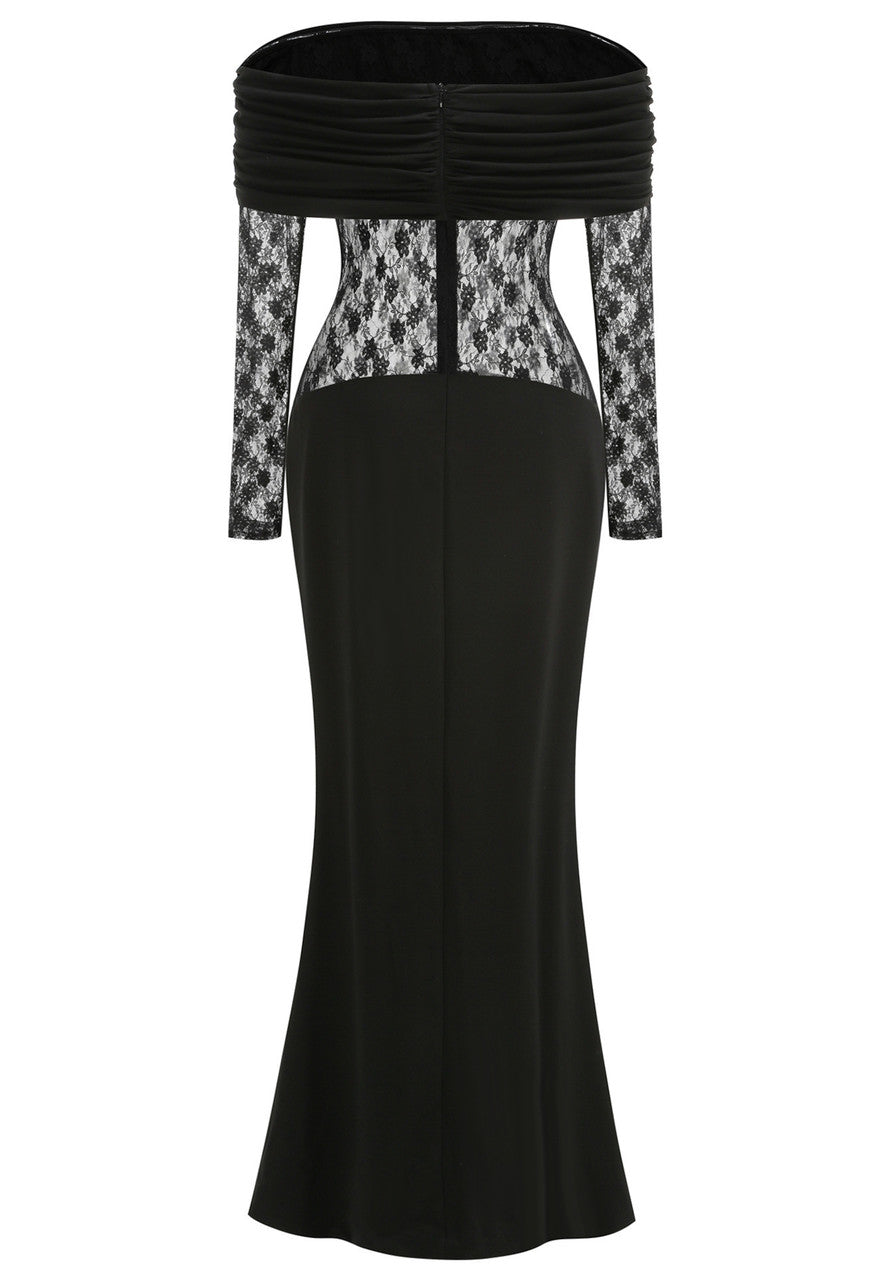 Elegant Off The Shoulder Long Sleeve Lace Insert Bodycon Maxi Prom Dress