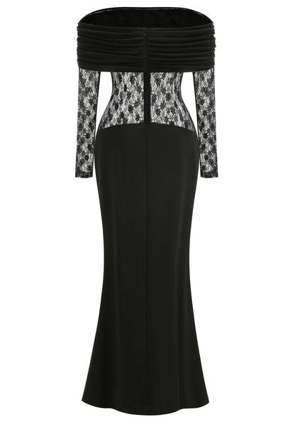 Elegant Off The Shoulder Long Sleeve Lace Insert Bodycon Maxi Prom Dress