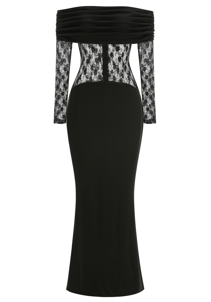 Elegant Off The Shoulder Long Sleeve Lace Insert Bodycon Maxi Prom Dress