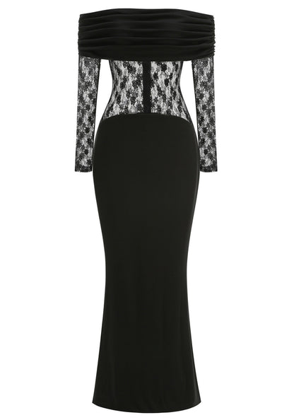 Elegant Off The Shoulder Long Sleeve Lace Insert Bodycon Maxi Prom Dress