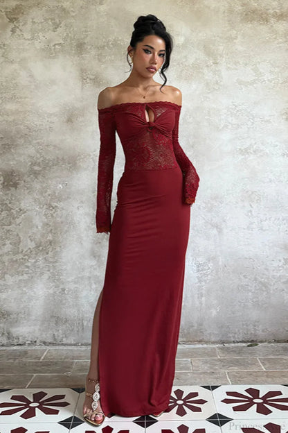 Elegant Off The Shoulder Long Sleeve Lace Insert Twist Front Bodycon Maxi Prom Dress With Split For Wedding Guest Bridal Shower Formal Evening