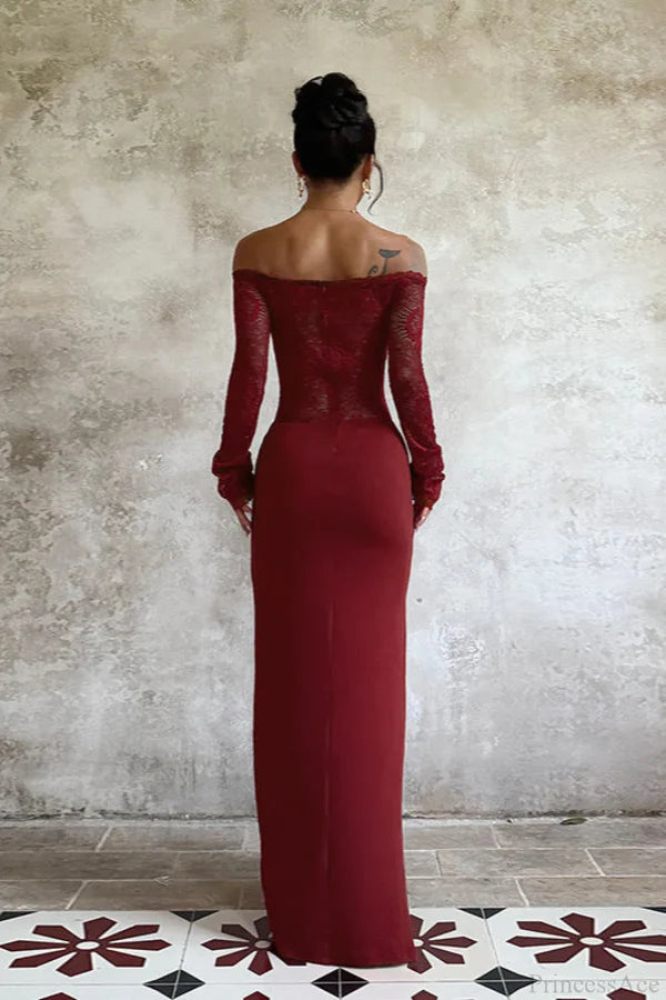 Elegant Off The Shoulder Long Sleeve Lace Insert Twist Front Bodycon Maxi Prom Dress With Split For Wedding Guest Bridal Shower Formal Evening
