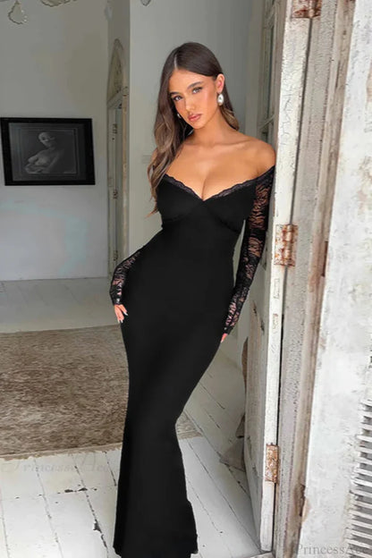 Elegant Off The Shoulder Long Sleeve Lace Trim Mermaid Maxi Prom Dress For Wedding Guest Bridal Shower Formal Evening