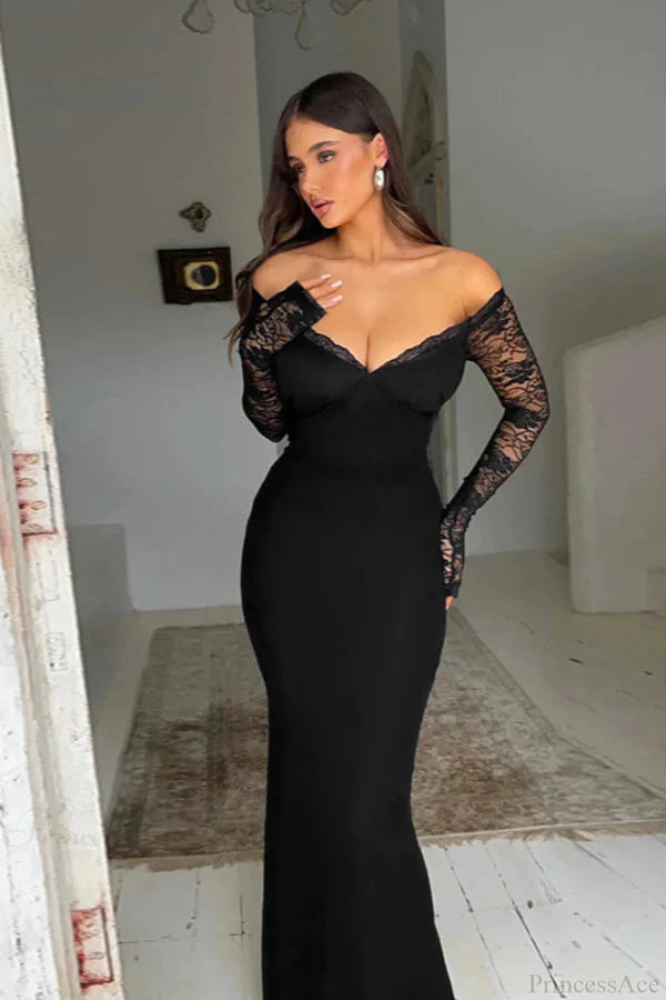 Elegant Off The Shoulder Long Sleeve Lace Trim Mermaid Maxi Prom Dress For Wedding Guest Bridal Shower Formal Evening