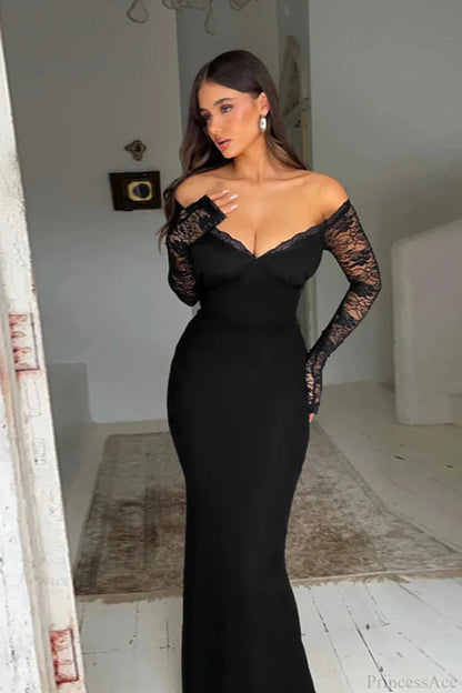 Elegant Off The Shoulder Long Sleeve Lace Trim Mermaid Maxi Prom Dress For Wedding Guest Bridal Shower Formal Evening