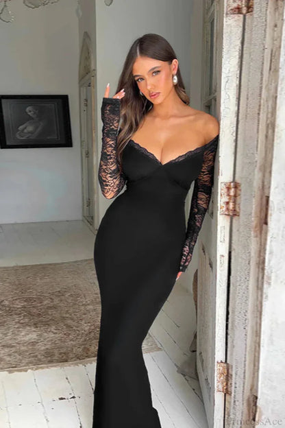 Elegant Off The Shoulder Long Sleeve Lace Trim Mermaid Maxi Prom Dress For Wedding Guest Bridal Shower Formal Evening
