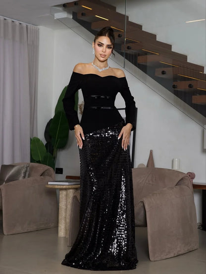 Elegant Off The Shoulder Long Sleeve Peplum Waist Sequin Mermaid Maxi Prom Dress For Formal Evening Red Carpet