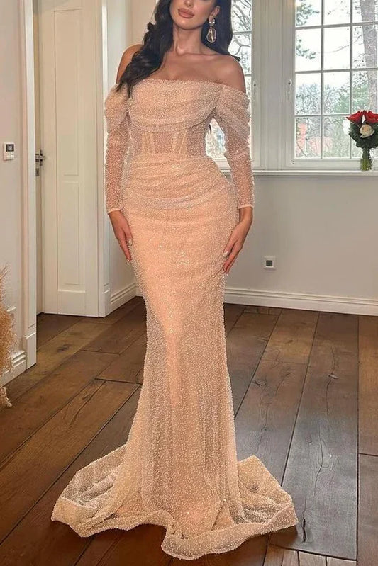 Elegant Off The Shoulder Long Sleeve Ruched Bodice Corset Waist Beaded Embellished Mermaid Maxi Evening Dress With Train For Formal Evening Prom Wedding Guest Bridesmaid Gala