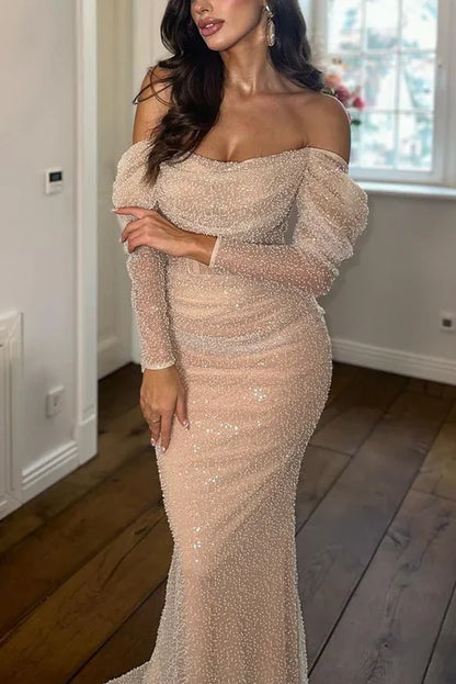 Elegant Off The Shoulder Long Sleeve Ruched Bodice Corset Waist Beaded Embellished Mermaid Maxi Evening Dress With Train For Formal Evening Prom Wedding Guest Bridesmaid Gala