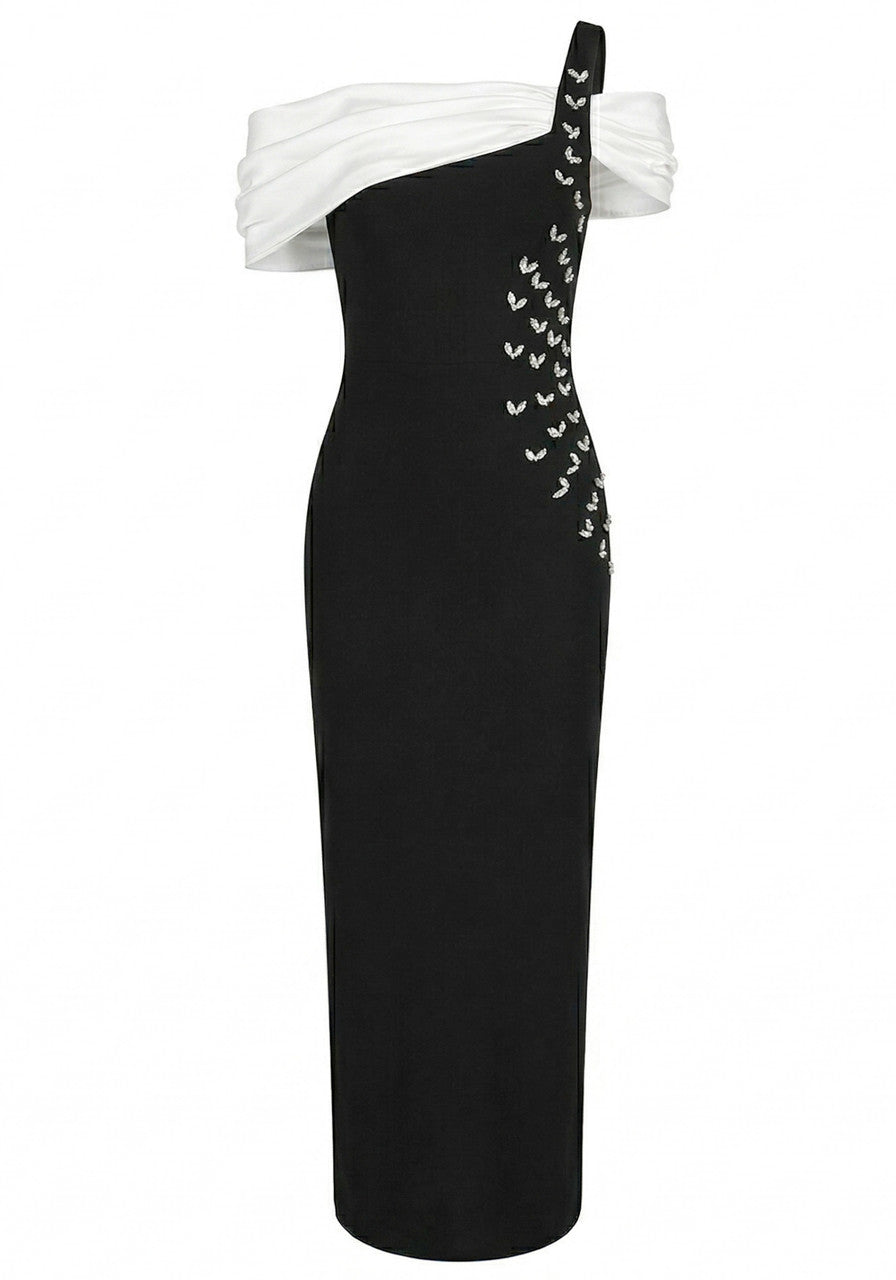 Elegant Off The Shoulder One Shoulder Sweetheart Neck Beaded Detail Two Tone Bodycon Maxi Prom Dress