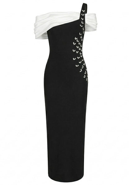 Elegant Off The Shoulder One Shoulder Sweetheart Neck Beaded Detail Two Tone Bodycon Maxi Prom Dress