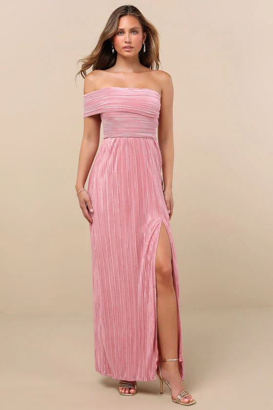 Elegant Off The Shoulder Pleated High Slit Maxi Prom Dress For Formal Evening Gala Wedding Guest Bridesmaid